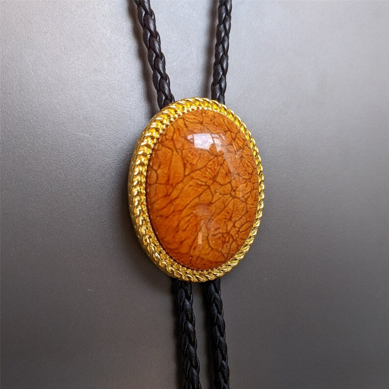 Orange Stone Bolo Tie: Silver-Plated Western Cowboy Necktie