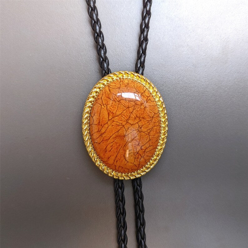 Orange Stone Bolo Tie: Silver-Plated Western Cowboy Necktie