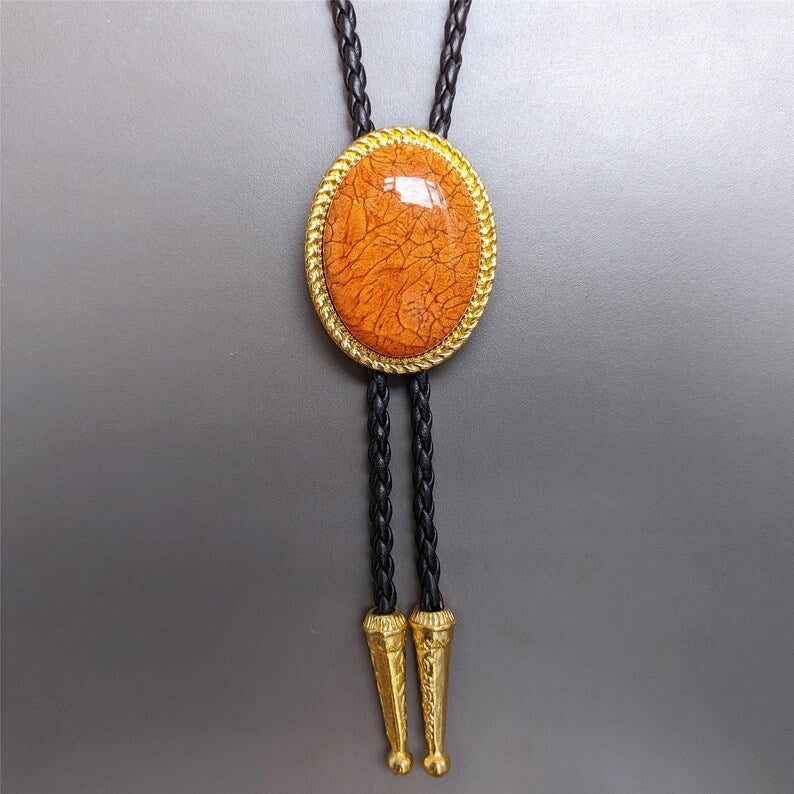 Orange Stone Bolo Tie: Silver-Plated Western Cowboy Necktie