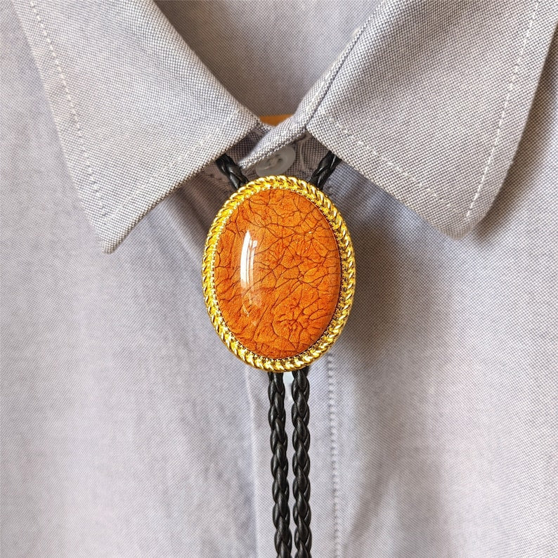 Orange Stone Bolo Tie: Silver-Plated Western Cowboy Necktie