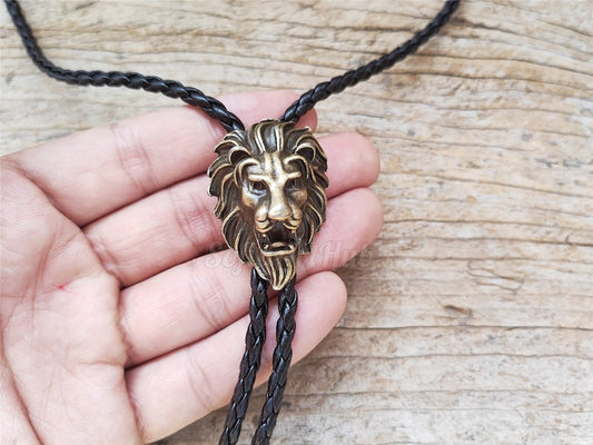 Copper Lion Head Bolo Tie: Western Cowboy Necklace, PU Leather
