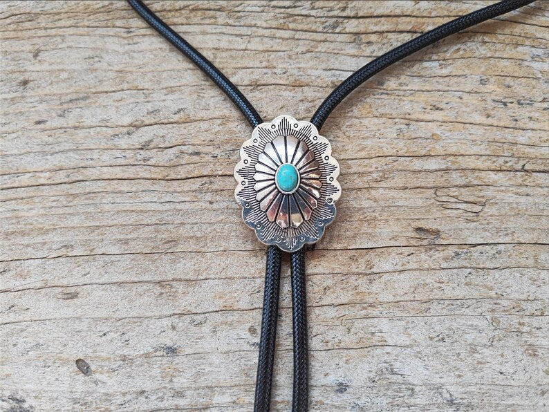 Silver Flower Turquoise Bolo Tie: Western Cowboy Necktie