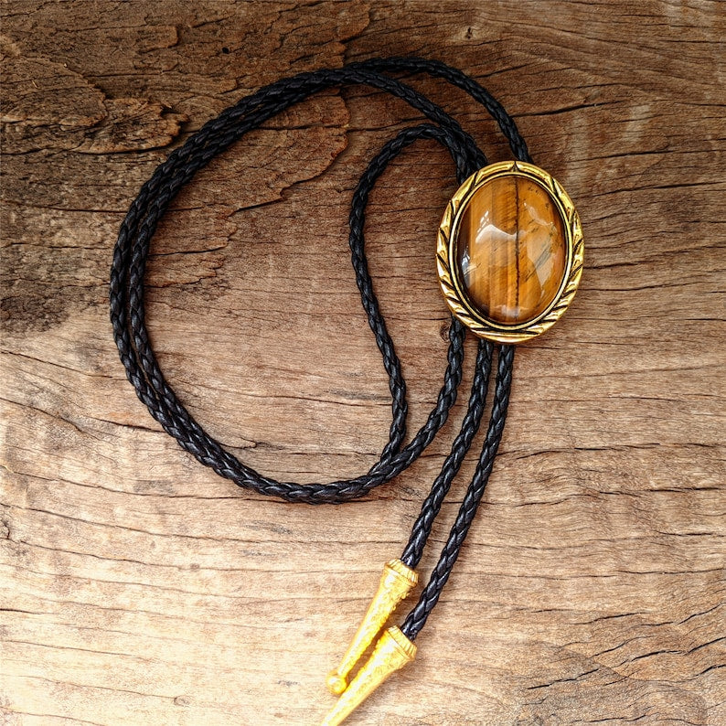 Tiger-eye Stone Bolo Tie: Golden Western Cowboy Necktie