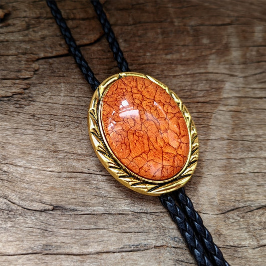 Orange Coral Stone Bolo Tie: Golden Western Cowboy Necktie
