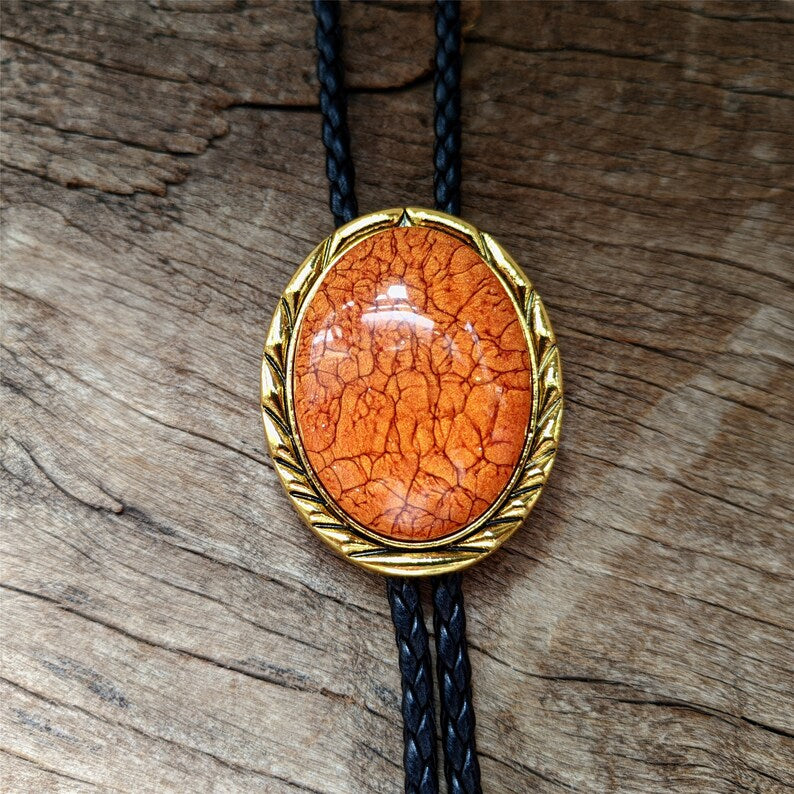 Orange Coral Stone Bolo Tie: Golden Western Cowboy Necktie