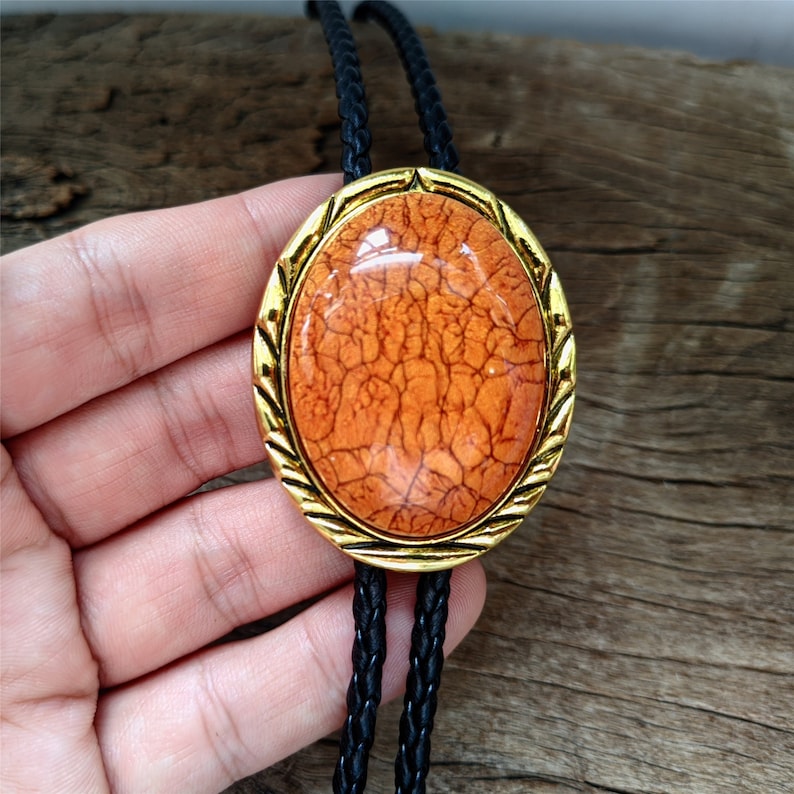 Orange Coral Stone Bolo Tie: Golden Western Cowboy Necktie