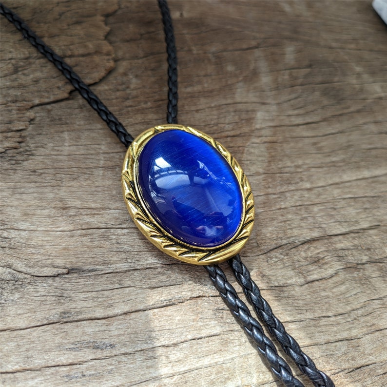 Blue Cat-eye Stone Bolo Tie: Gold Western Cowboy Necklace