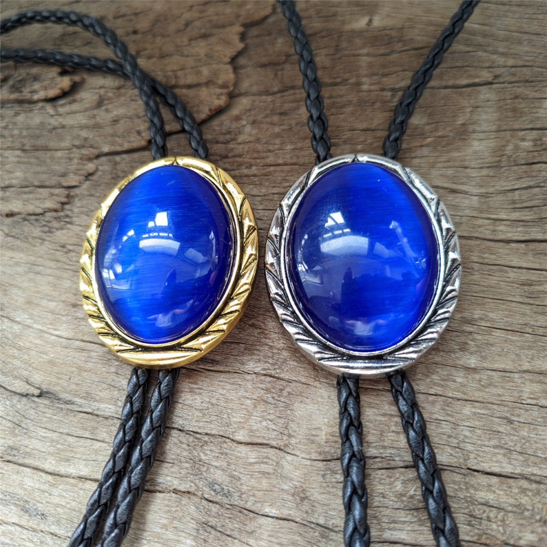 Blue Cat-eye Stone Bolo Tie: Gold Western Cowboy Necklace
