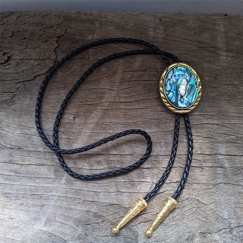 Abalone Shell Bolo Tie: Golden Mount Western Cowboy Necklace