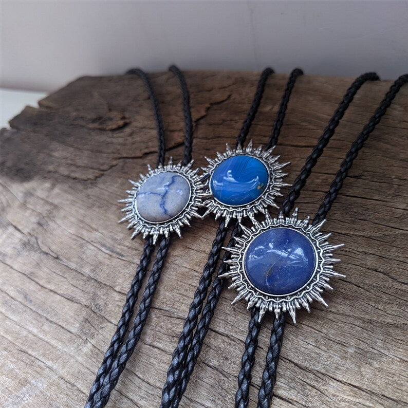 Sun Mount Blue Ocean Stone Bolo Tie: Western Cowboy Necklace