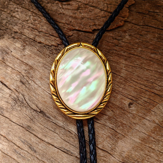 Mother of Pearl Bolo Tie: Gold Silver Plated Western Necktie
