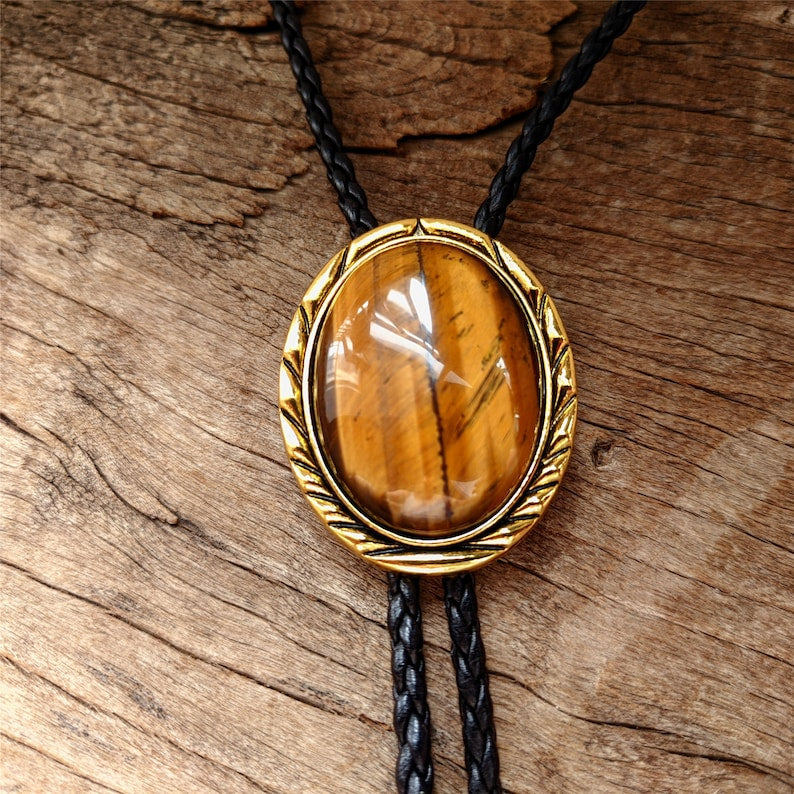 Tiger-eye Stone Bolo Tie: Golden Western Cowboy Necktie