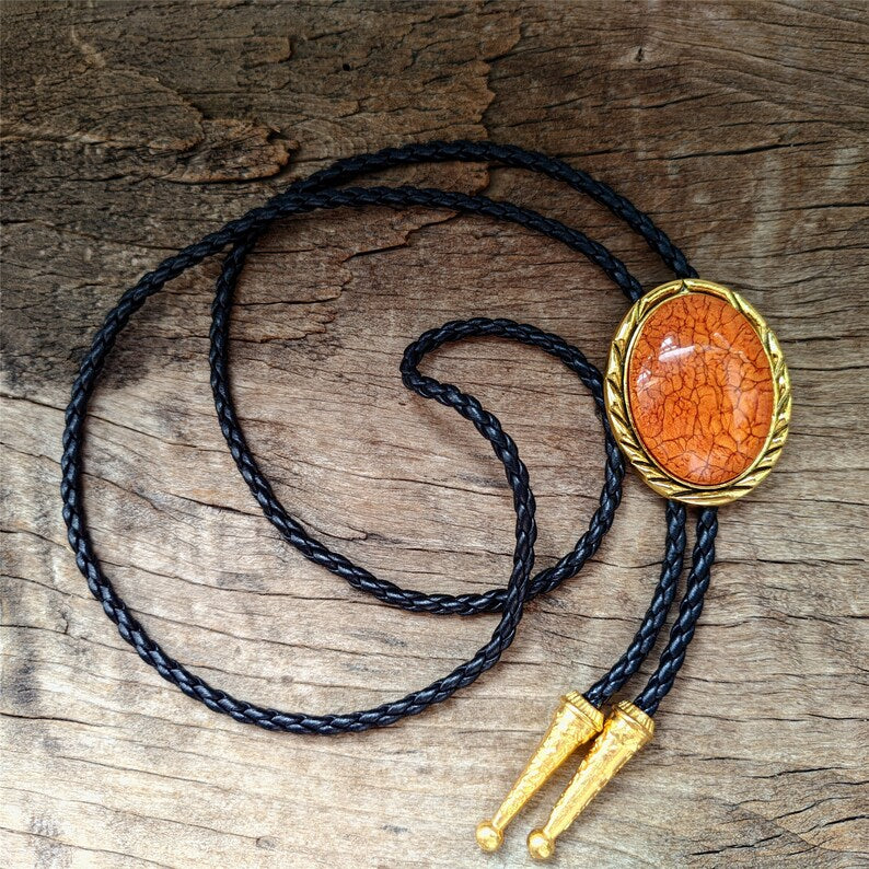 Orange Coral Stone Bolo Tie: Golden Western Cowboy Necktie