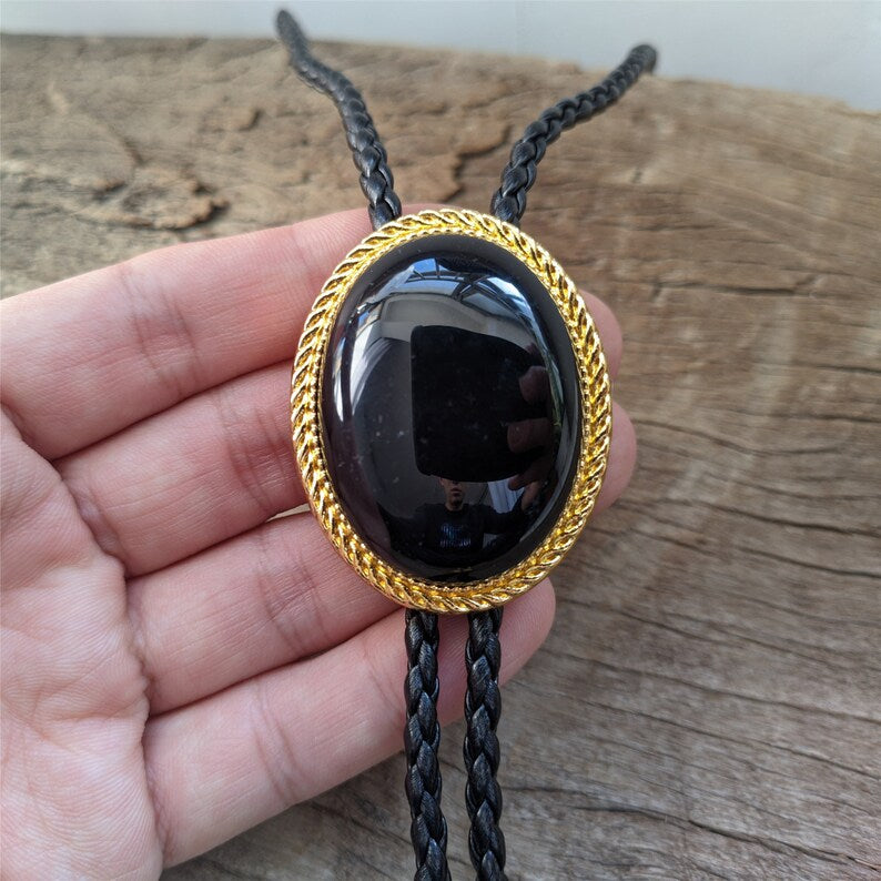 Black Agate Bola Tie: Golden Western Cowboy Necktie