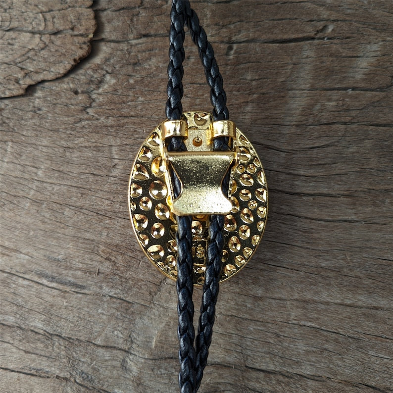 Black Agate Bola Tie: Golden Western Cowboy Necktie