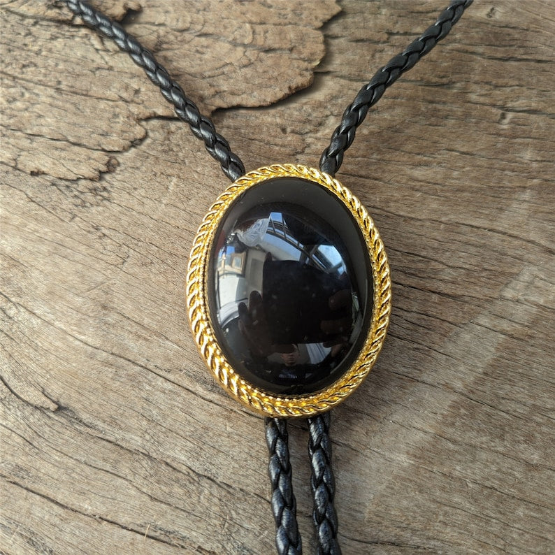 Black Agate Bola Tie: Golden Western Cowboy Necktie