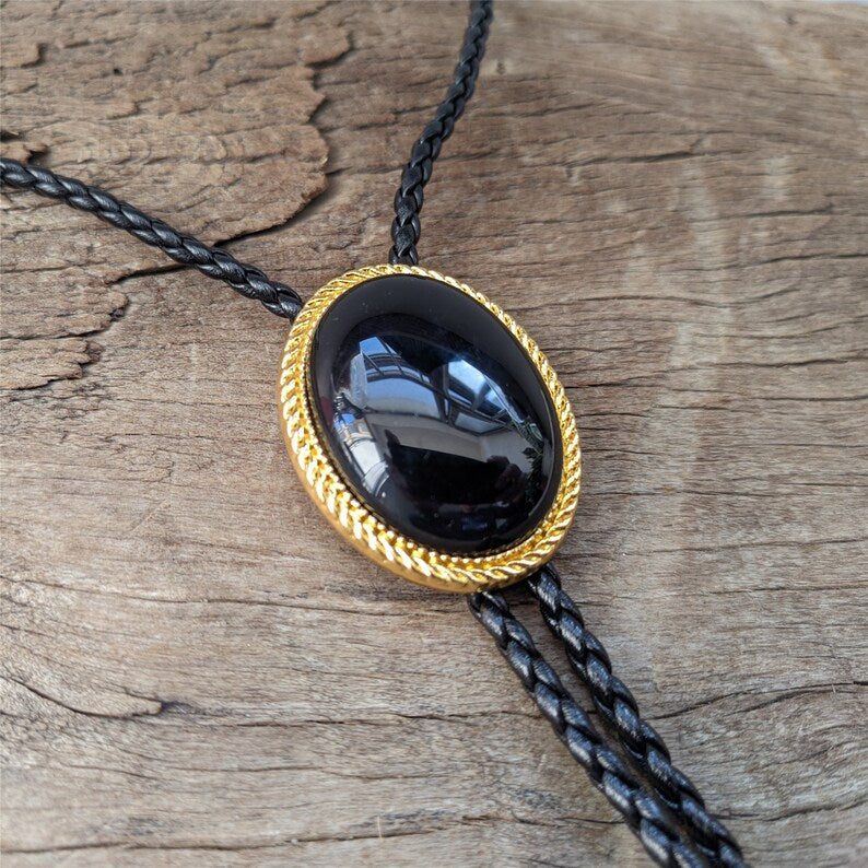 Black Agate Bola Tie: Golden Western Cowboy Necktie