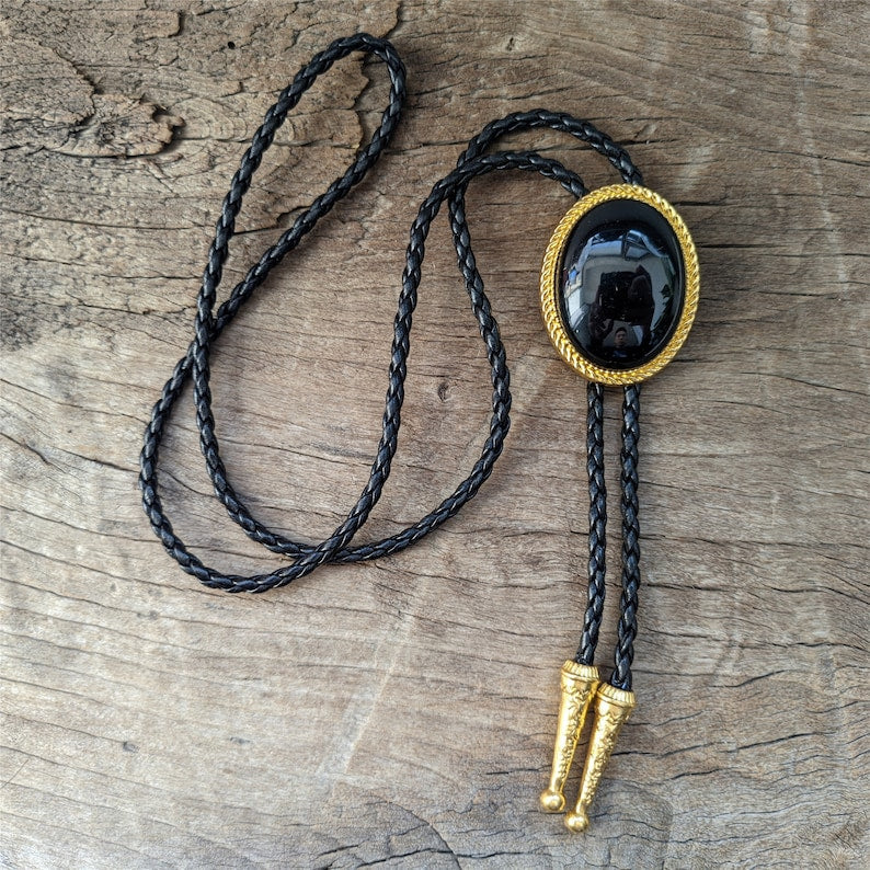 Black Agate Bola Tie: Golden Western Cowboy Necktie