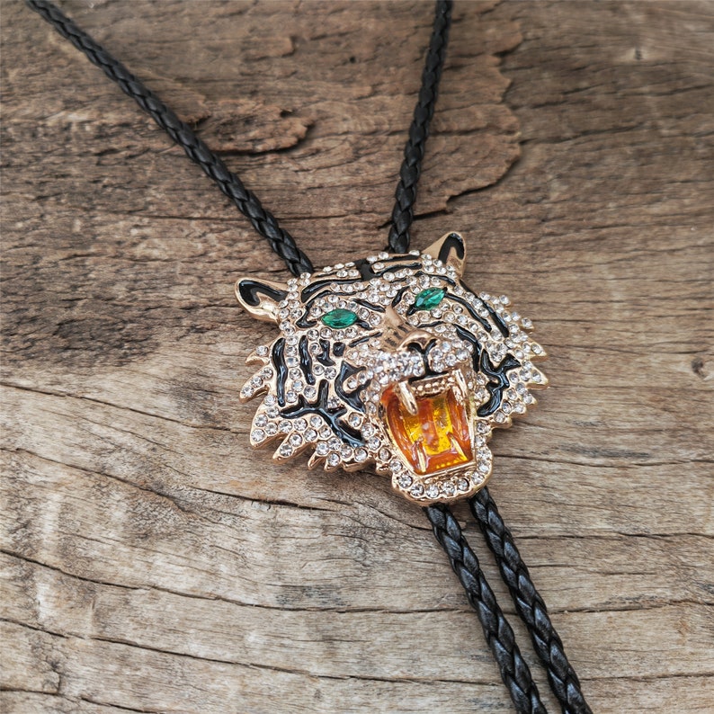 Gold Diamond Tiger Head Bola Bolo Tie Wedding Necklace