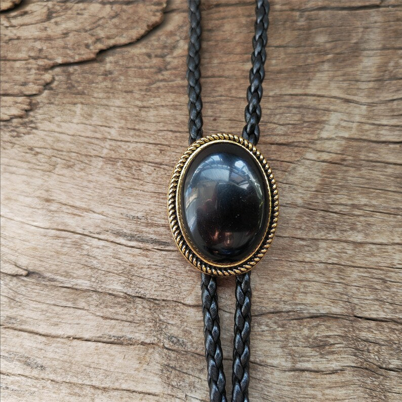 Black Agate Bolo Tie: Golden Western Cowboy Necktie