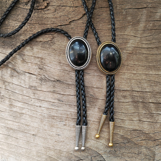 Black Agate Bolo Tie: Golden Western Cowboy Necktie