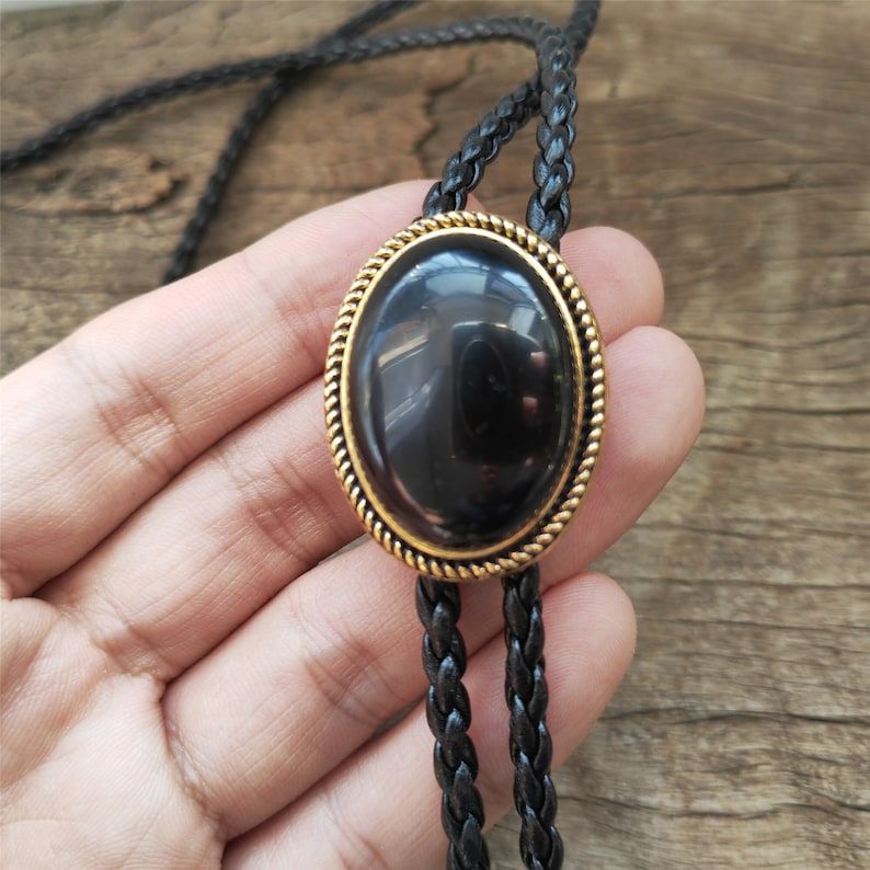 Black Agate Bolo Tie: Golden Western Cowboy Necktie