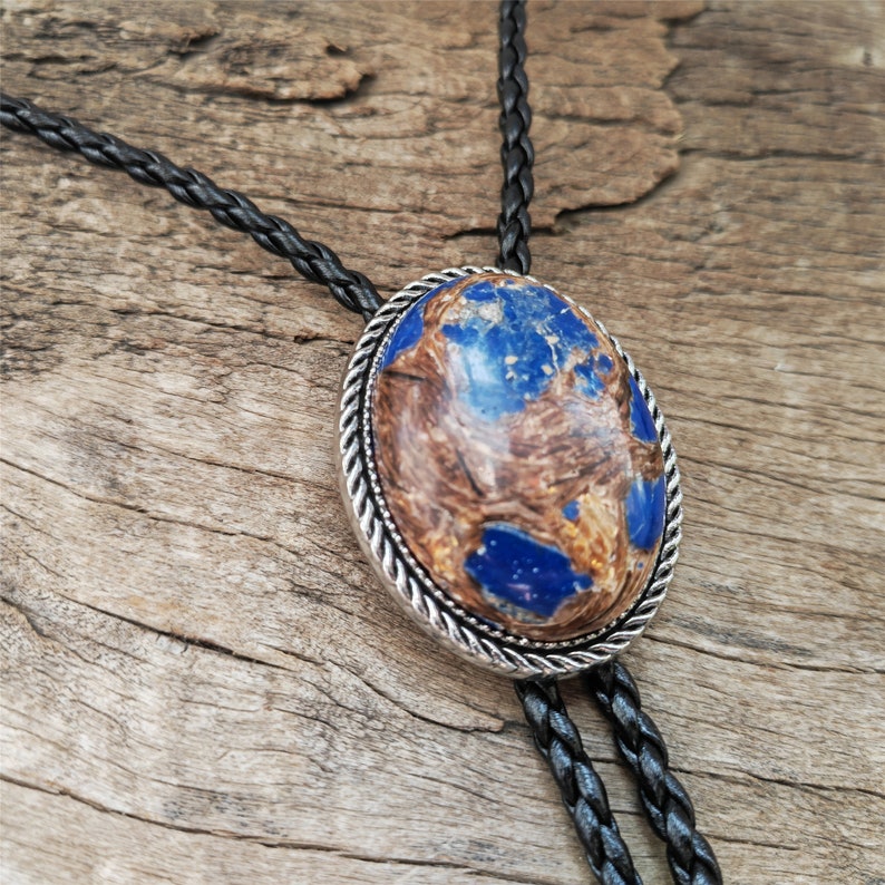 Brown Blue Jasper Bolo Tie: Silver