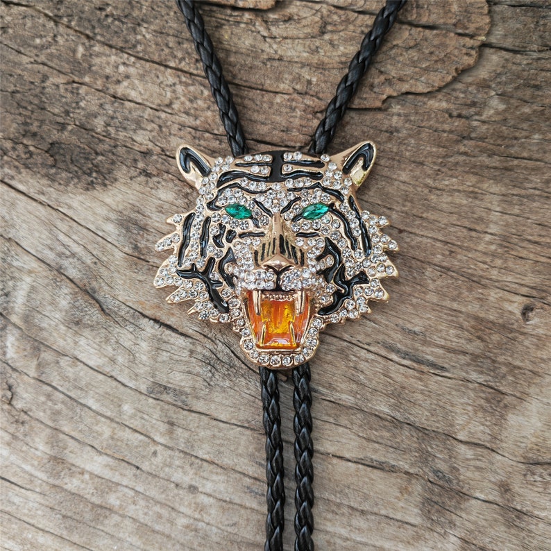 Gold Diamond Tiger Head Bola Bolo Tie Wedding Necklace