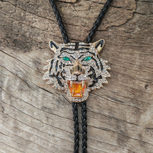 Gold Diamond Tiger Head Bola Bolo Tie Wedding Necklace