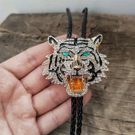 Gold Diamond Tiger Head Bola Bolo Tie Wedding Necklace