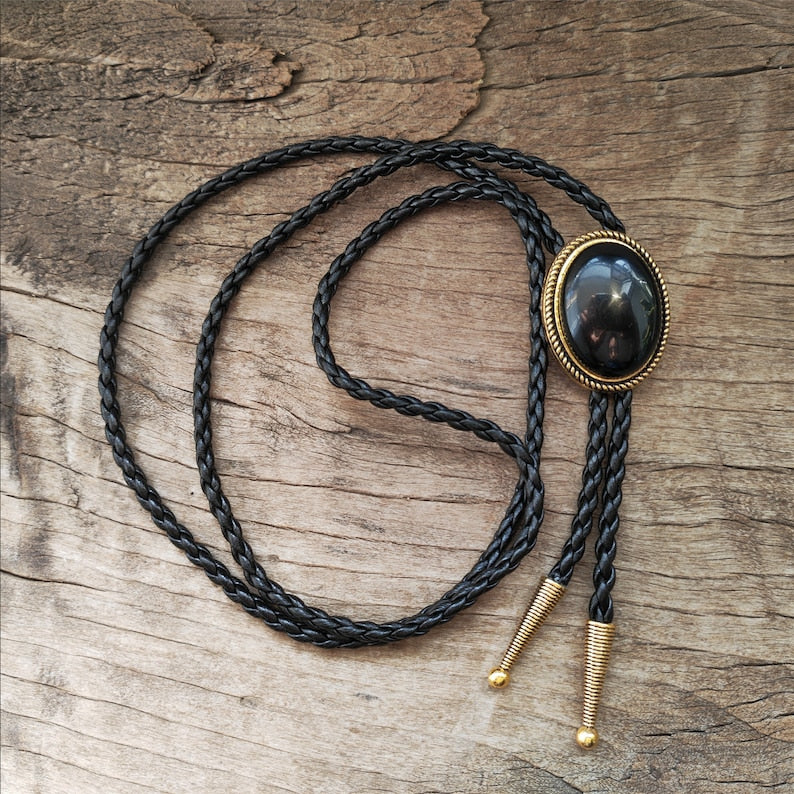 Black Agate Bolo Tie: Golden Western Cowboy Necktie