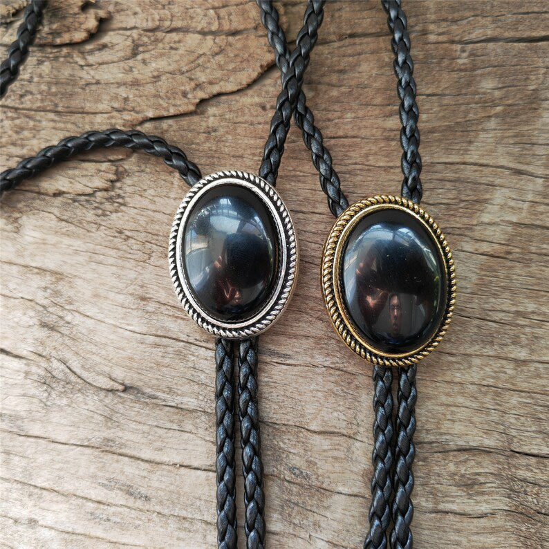 Black Agate Bolo Tie: Golden Western Cowboy Necktie
