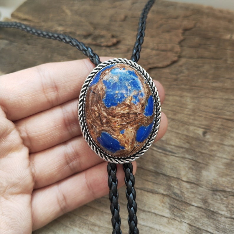 Brown Blue Jasper Bolo Tie: Silver