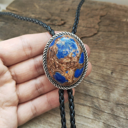 Brown Blue Jasper Bolo Tie: Silver
