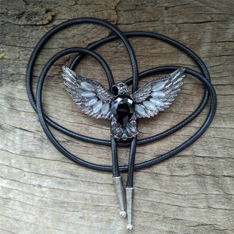 Black Agate Eagle Bolo Tie: Silver