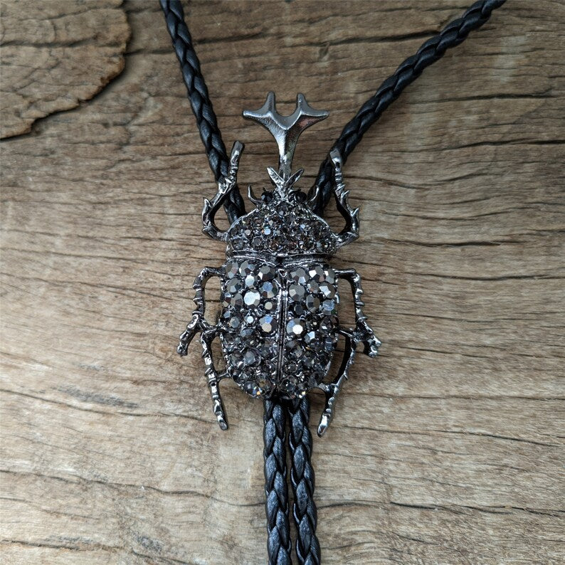 Rhinestone Rhinoceros Beetle Bolo Tie: Western Cowboy Necklace