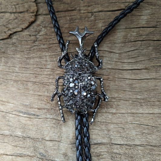 Rhinestone Rhinoceros Beetle Bolo Tie: Western Cowboy Necklace