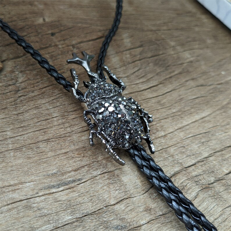 Rhinestone Rhinoceros Beetle Bolo Tie: Western Cowboy Necklace