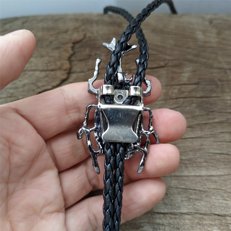 Rhinestone Rhinoceros Beetle Bolo Tie: Western Cowboy Necklace