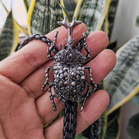 Rhinestone Rhinoceros Beetle Bolo Tie: Western Cowboy Necklace