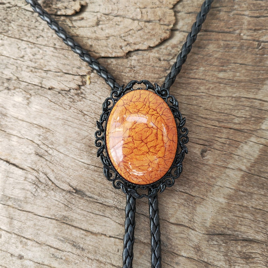 Orange Coral Stone Bolo Tie: Black Western Cowboy Necktie