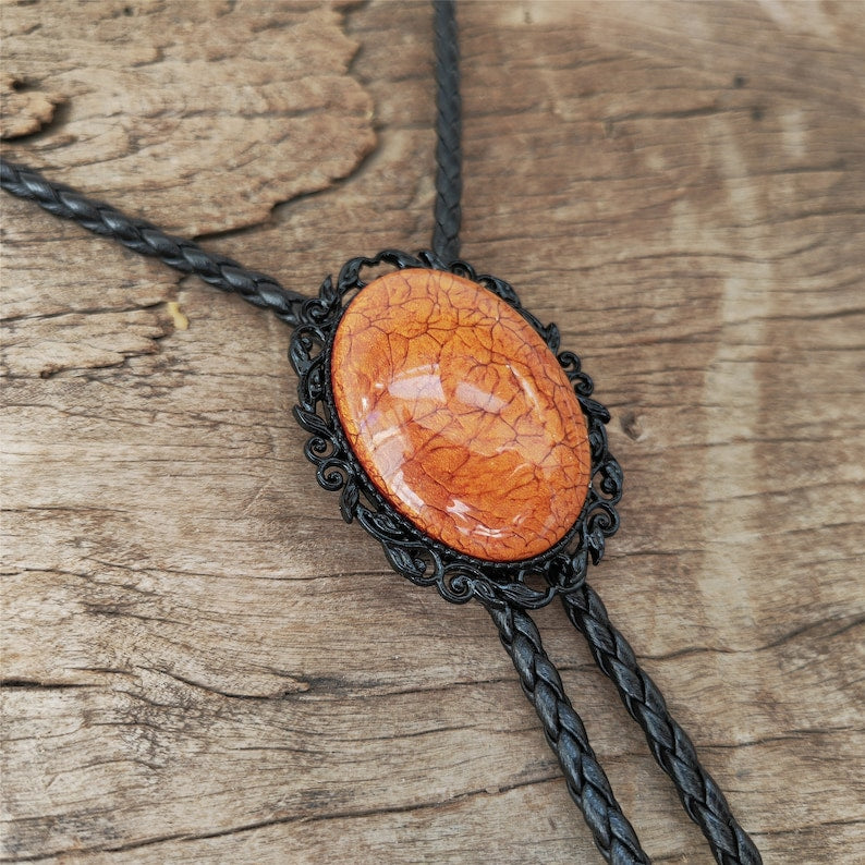 Orange Coral Stone Bolo Tie: Black Western Cowboy Necktie
