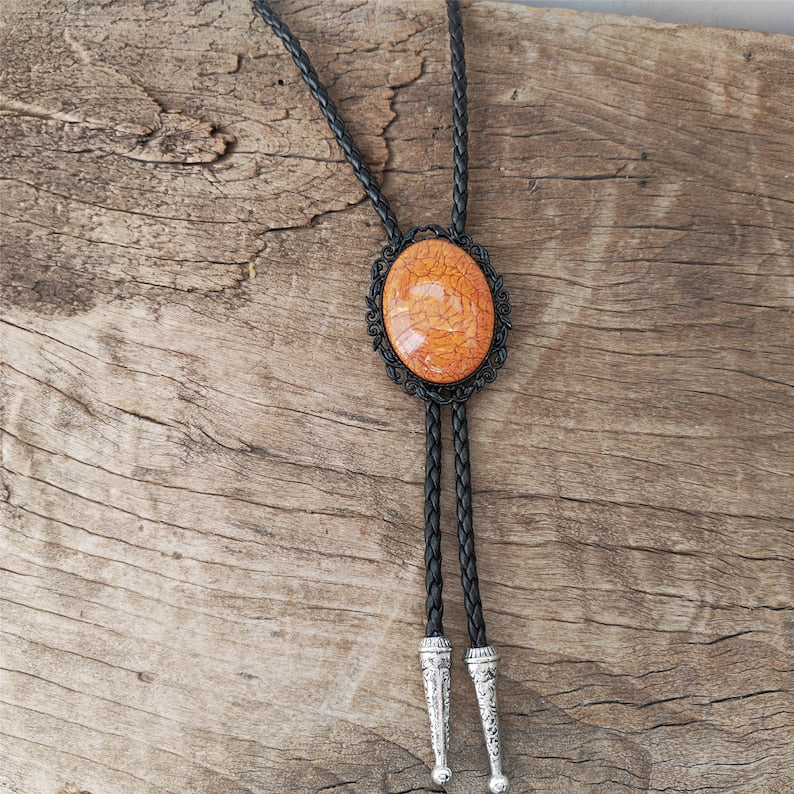 Orange Coral Stone Bolo Tie: Black Western Cowboy Necktie