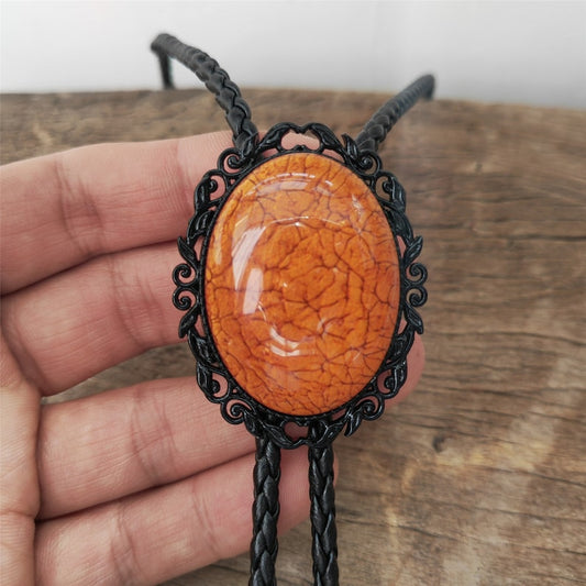 Orange Coral Stone Bolo Tie: Black Western Cowboy Necktie