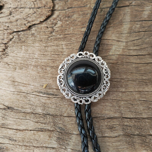 Flower Round Black Agate Bola Bolo Tie