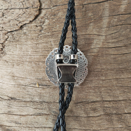 Flower Round Black Agate Bola Bolo Tie