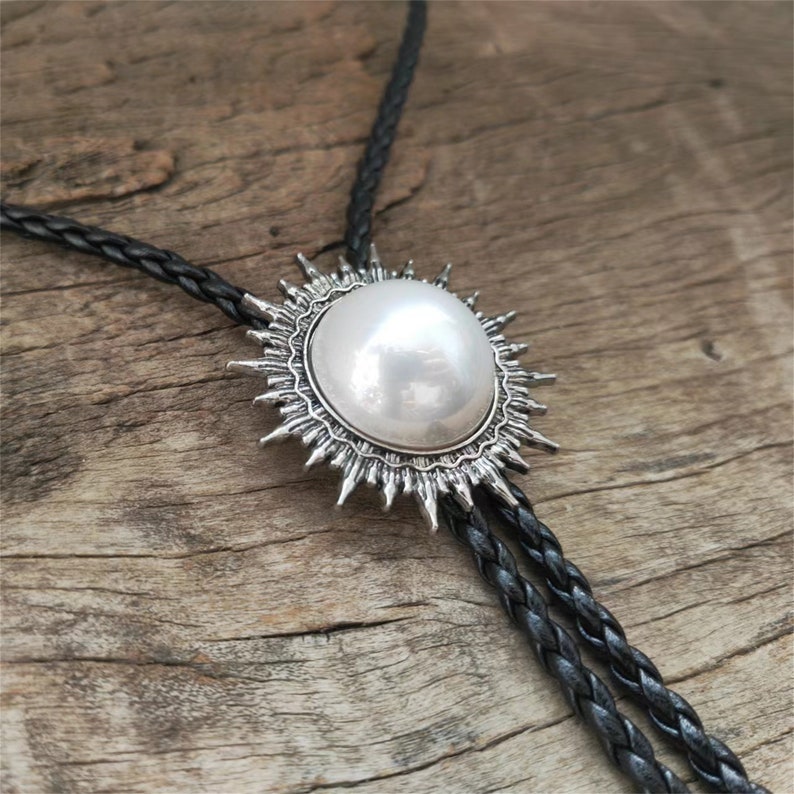 Pearl Sun Bolo Tie: Western Cowboy Necklace, PU Leather