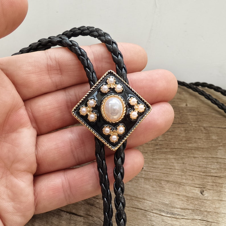 Cross Pearl Flower Bola Bolo Tie