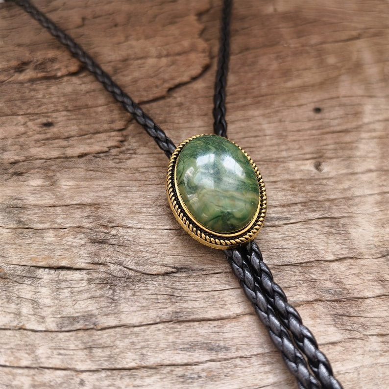 Golden Edge Natural Stripe Jade Bola Bolo Tie
