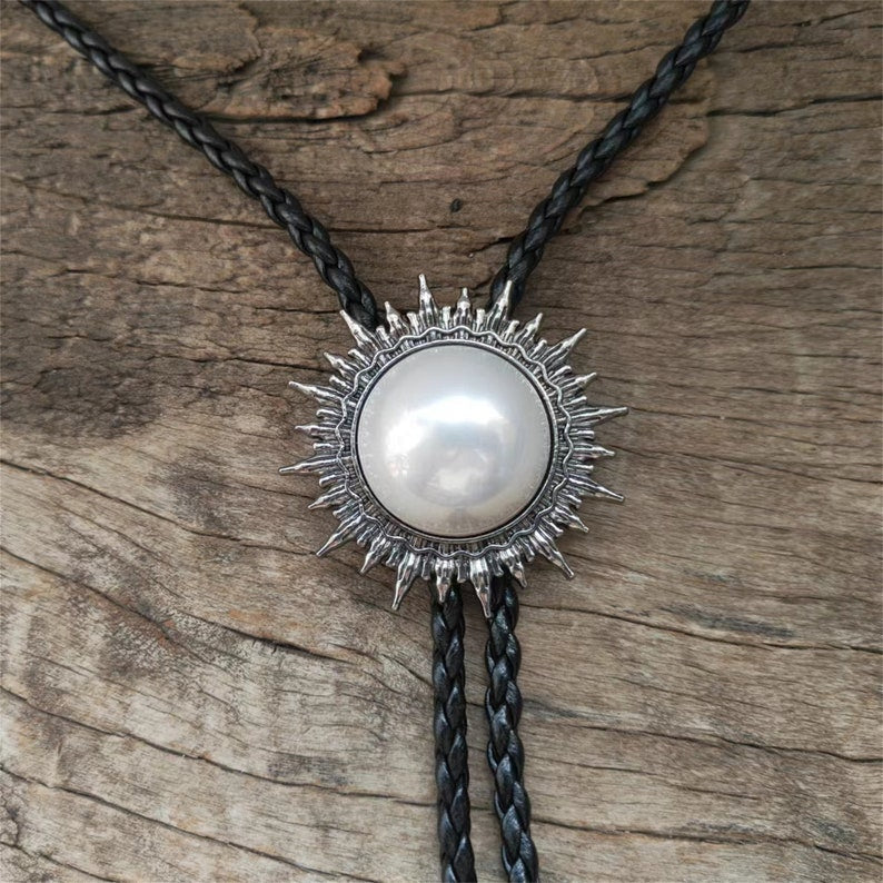 Pearl Sun Bolo Tie: Western Cowboy Necklace, PU Leather